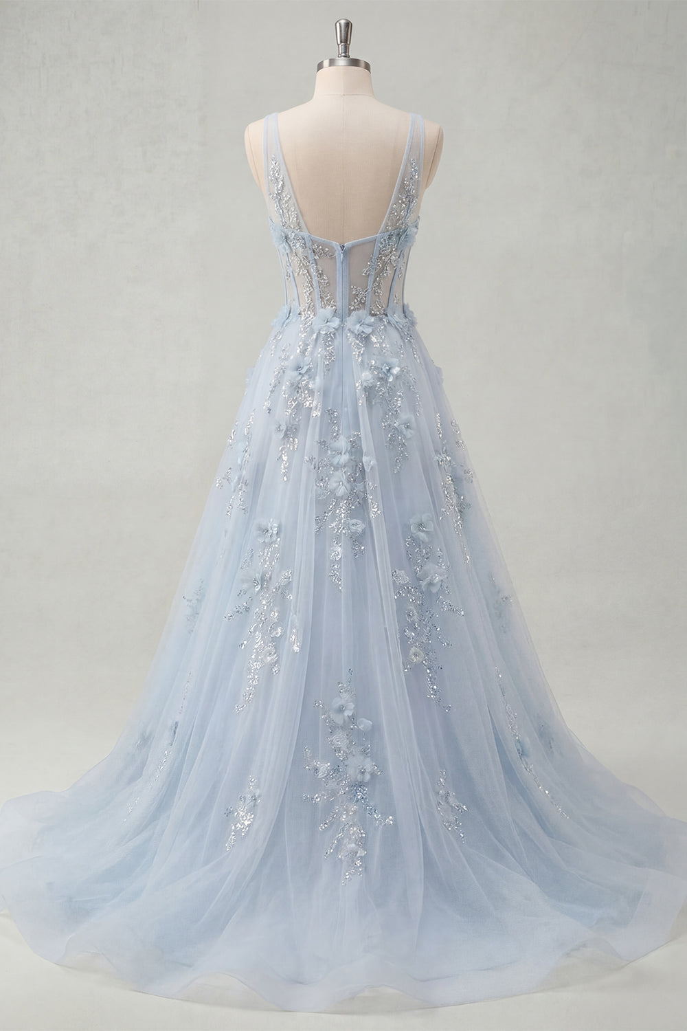 A-Line Blue V-Neck Beaded Corset Appliqued Long Prom Dress with Slit