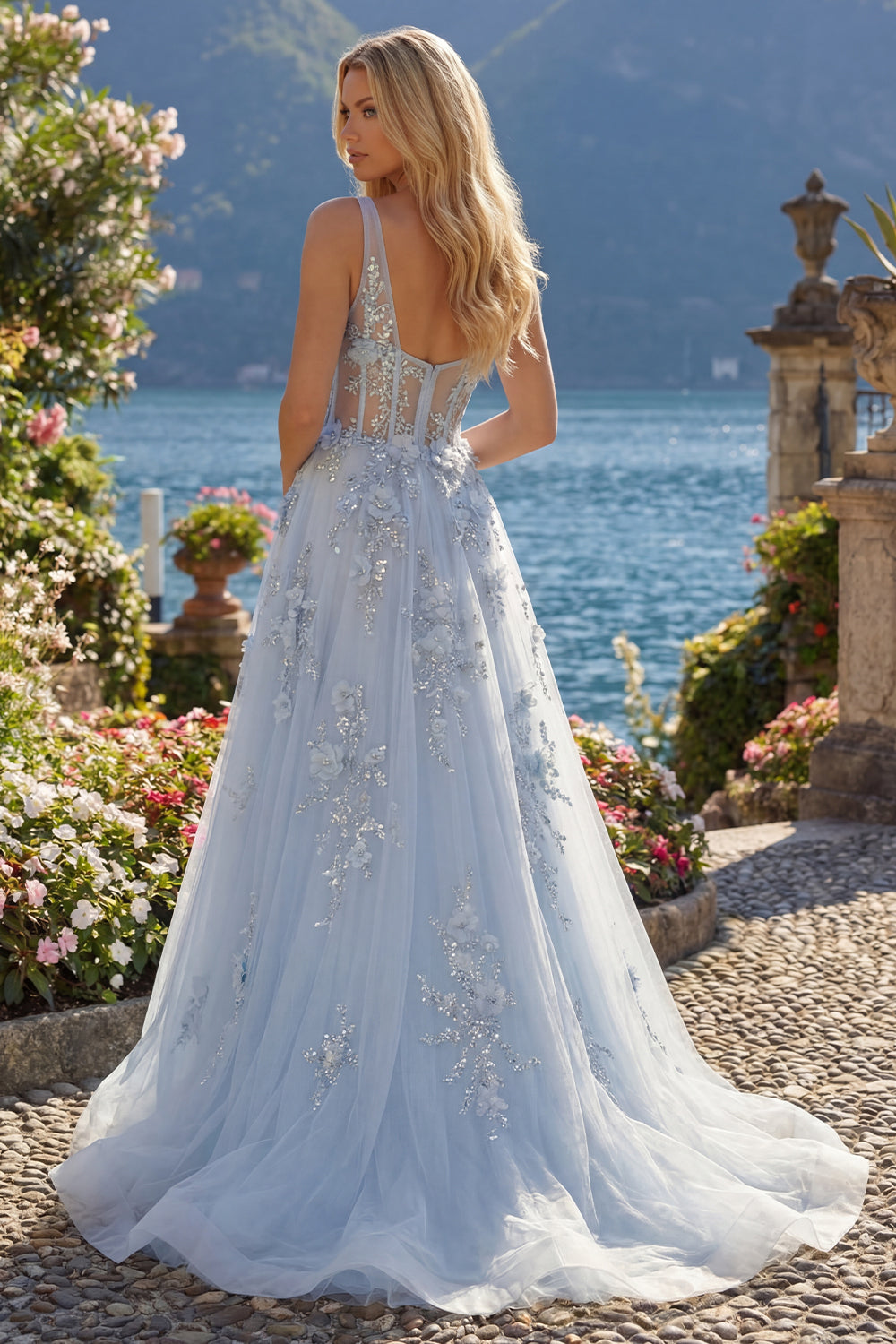 A-Line Blue V-Neck Beaded Corset Appliqued Long Prom Dress with Slit