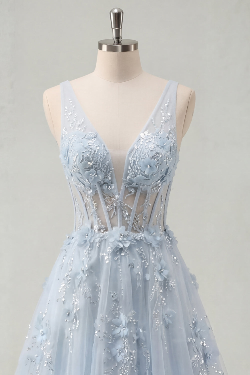 A-Line Blue V-Neck Beaded Corset Appliqued Long Prom Dress with Slit