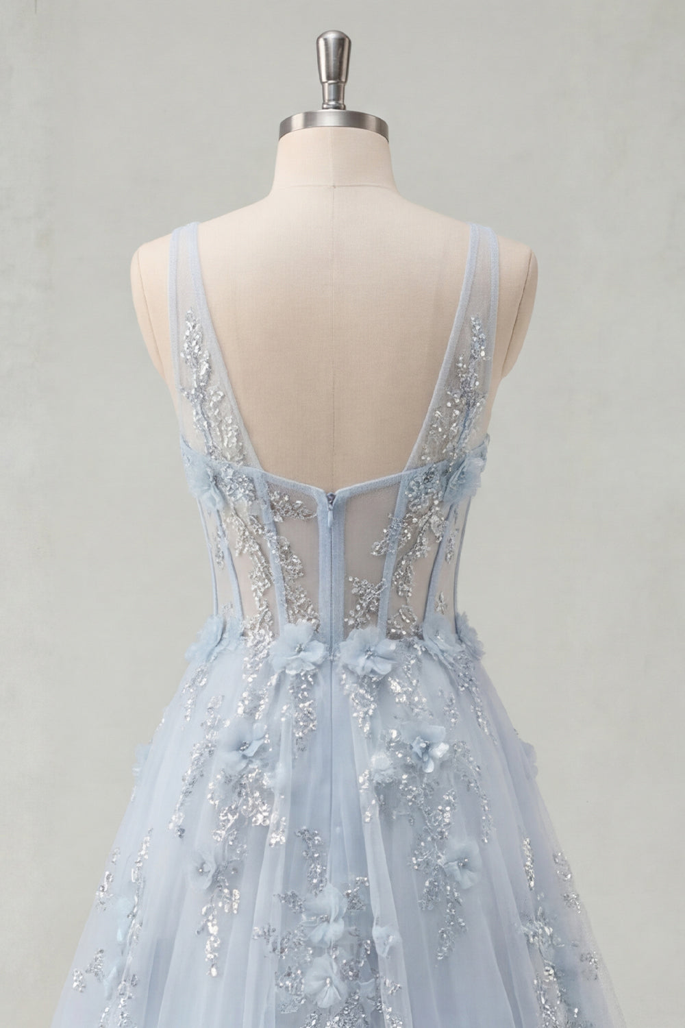 A-Line Blue V-Neck Beaded Corset Appliqued Long Prom Dress with Slit