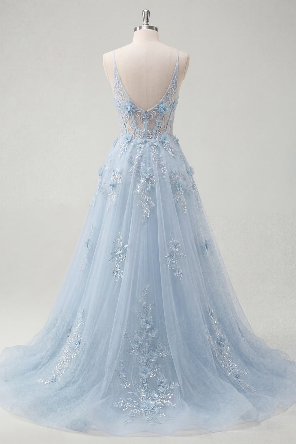 A-Line Blue Spaghetti Straps Beaded Sheer Corset Long Prom Dress with Appliques