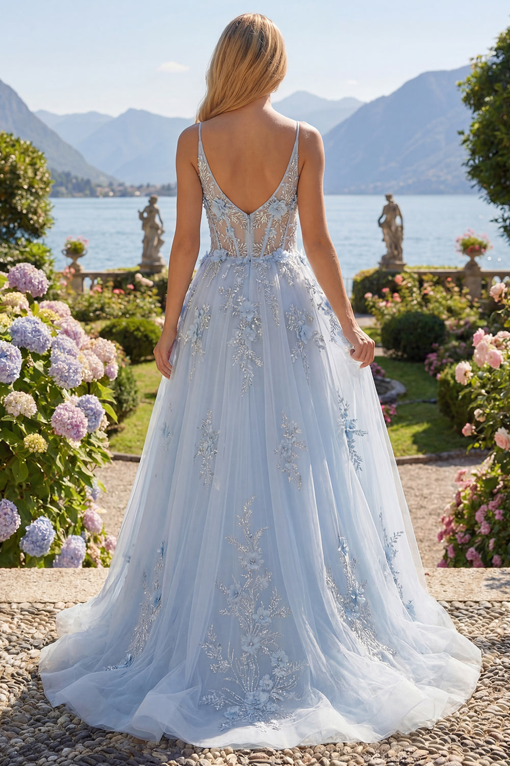 A-Line Blue Spaghetti Straps Beaded Sheer Corset Long Prom Dress with Appliques