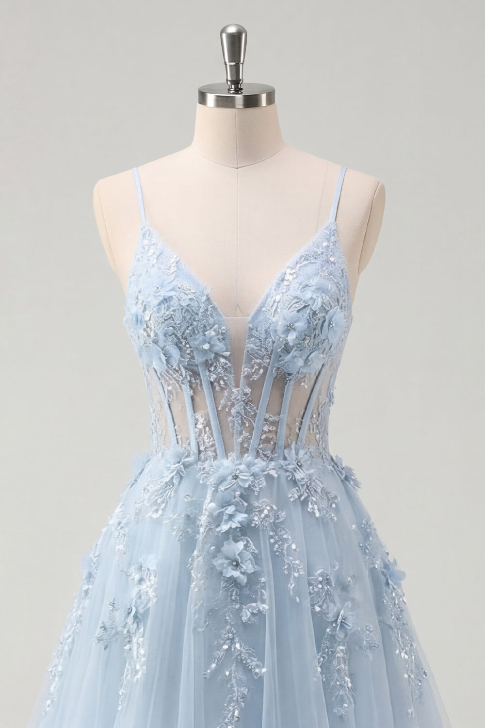 A-Line Blue Spaghetti Straps Beaded Sheer Corset Long Prom Dress with Appliques