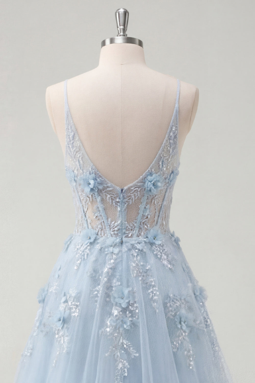 A-Line Blue Spaghetti Straps Beaded Sheer Corset Long Prom Dress with Appliques