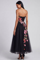 A-Line Black Sweetheart Tulle Floral Long Formal Dress