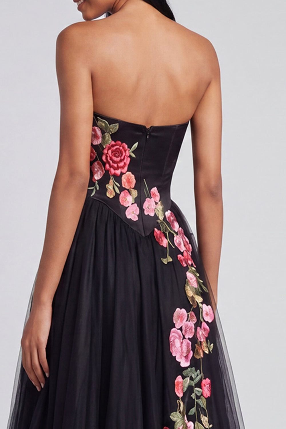 A-Line Black Sweetheart Tulle Floral Long Formal Dress