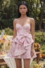 A-Line Pink Jacquard Sweetheart Ruffled Mini Homecoming Dress With Bow