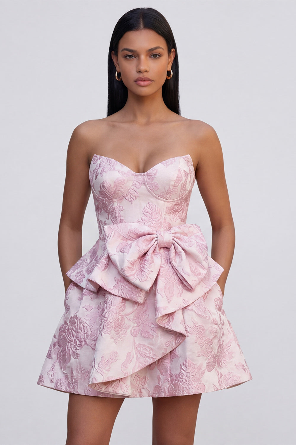 A-Line Pink Jacquard Sweetheart Ruffled Mini Homecoming Dress With Bow