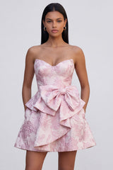 A-Line Pink Jacquard Sweetheart Ruffled Mini Homecoming Dress With Bow