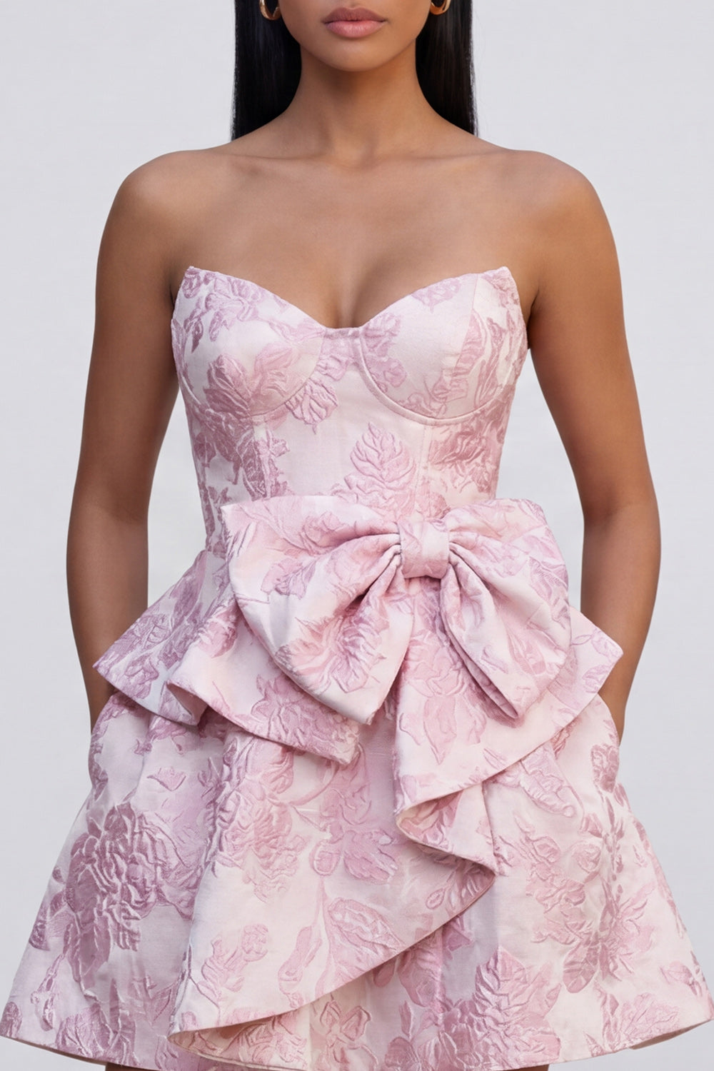 A-Line Pink Jacquard Sweetheart Ruffled Mini Homecoming Dress With Bow