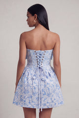 A-Line Blue Off the Shoulder Jacquard Mini Homecoming Dress With Bow