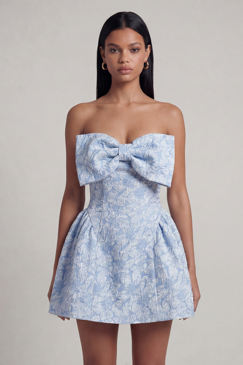 A-Line Blue Off the Shoulder Jacquard Mini Homecoming Dress With Bow