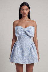 A-Line Blue Off the Shoulder Jacquard Mini Homecoming Dress With Bow