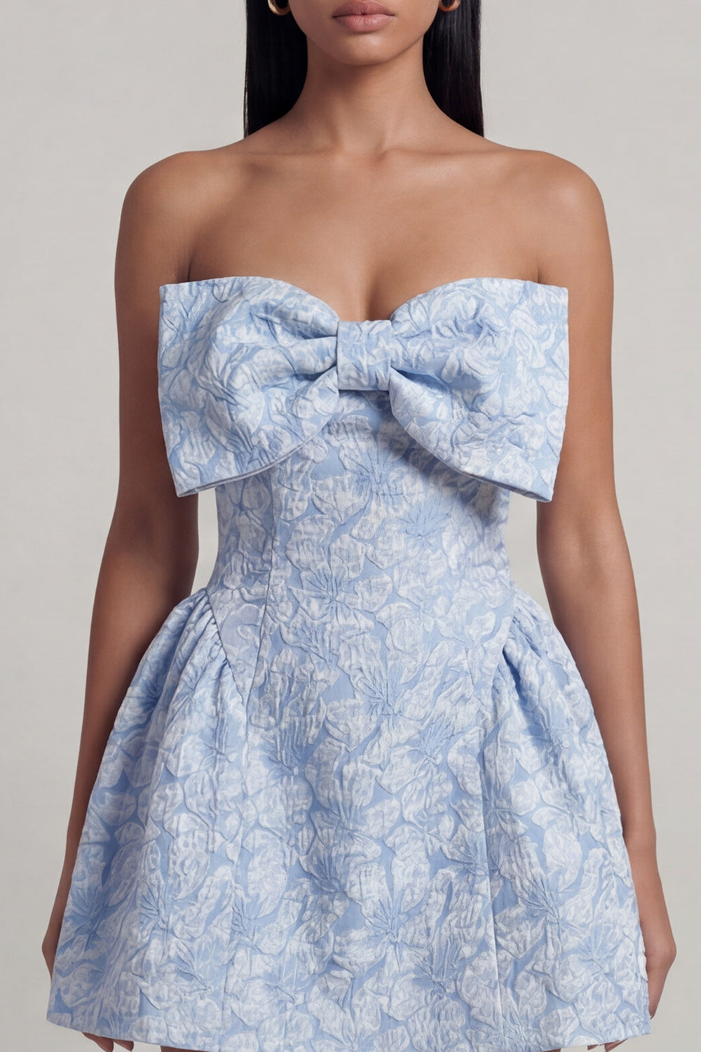 A-Line Blue Off the Shoulder Jacquard Mini Homecoming Dress With Bow