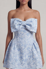 A-Line Blue Off the Shoulder Jacquard Mini Homecoming Dress With Bow
