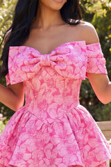 A-Line Fuchsia Off the Shoulder Jacquard Mini Homecoming Dress With Bow
