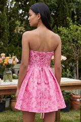 A-Line Fuchsia Sweetheart Jacquard Ruffled Mini Homecoming Dress With Bow