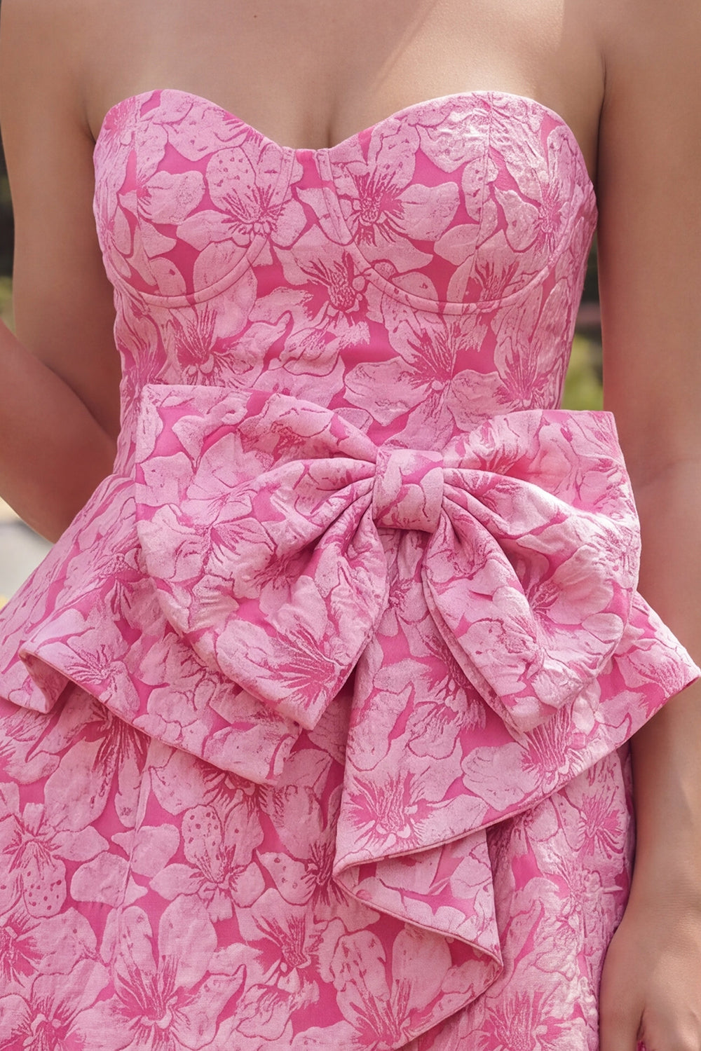 A-Line Fuchsia Sweetheart Jacquard Ruffled Mini Homecoming Dress With Bow