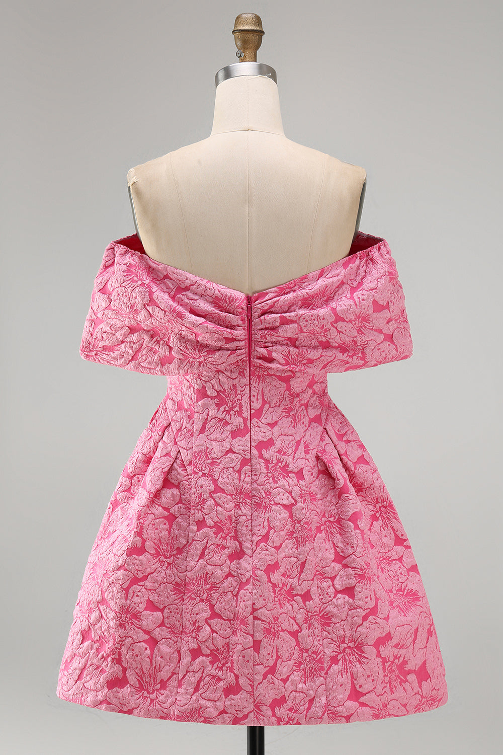 A-Line Fuchsia Jacquard Off the Shoulder Mini Homecoming Dress With Bow