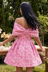 A-Line Fuchsia Jacquard Off the Shoulder Mini Homecoming Dress With Bow