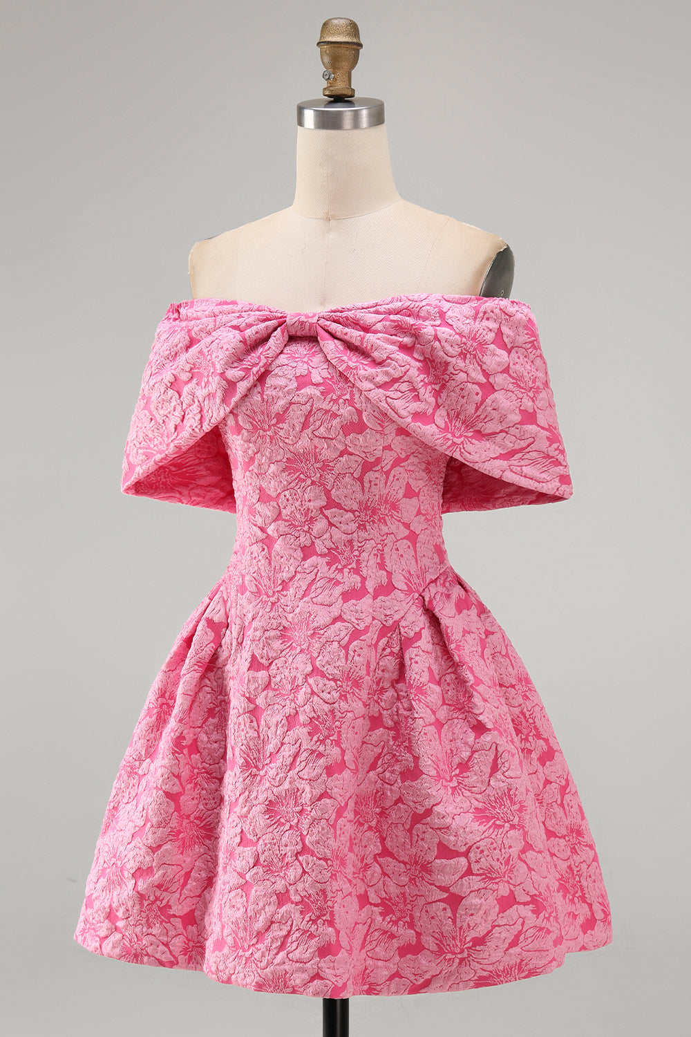 A-Line Fuchsia Jacquard Off the Shoulder Mini Homecoming Dress With Bow