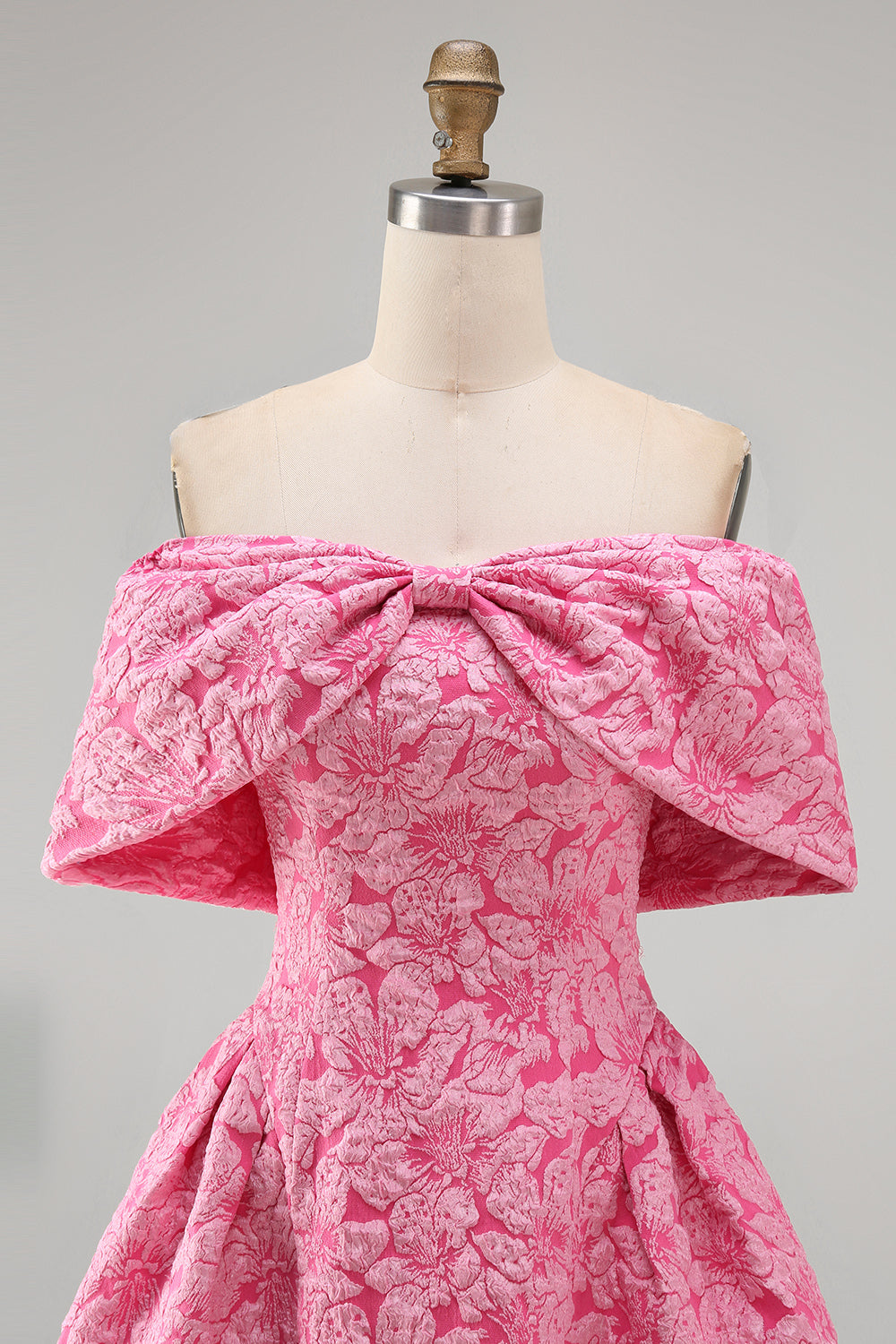 A-Line Fuchsia Jacquard Off the Shoulder Mini Homecoming Dress With Bow