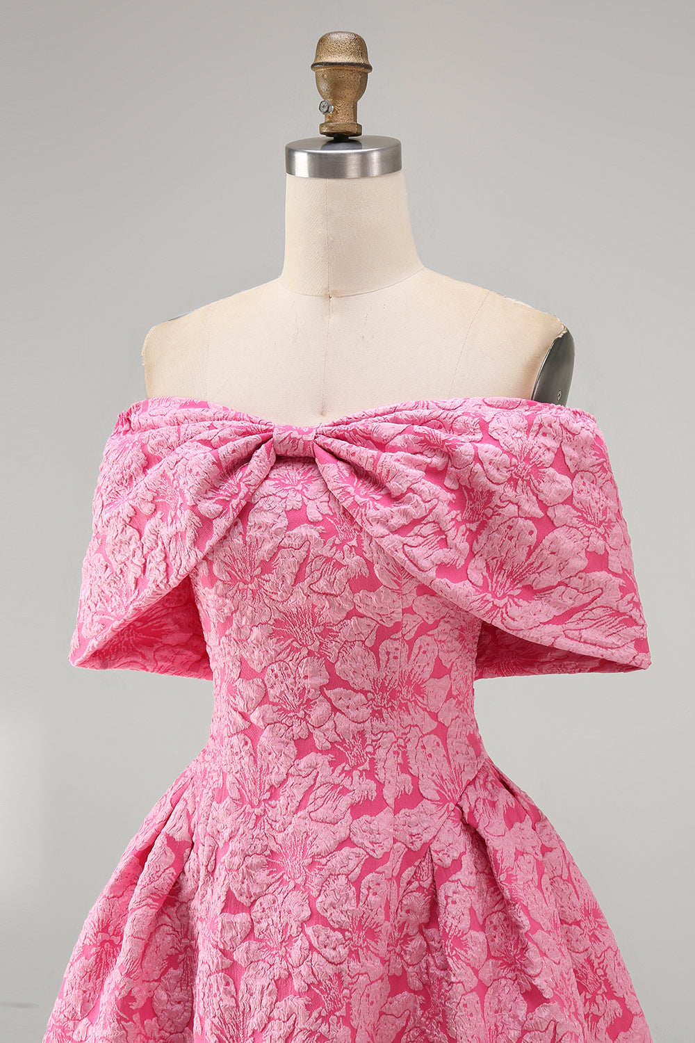 A-Line Fuchsia Jacquard Off the Shoulder Mini Homecoming Dress With Bow