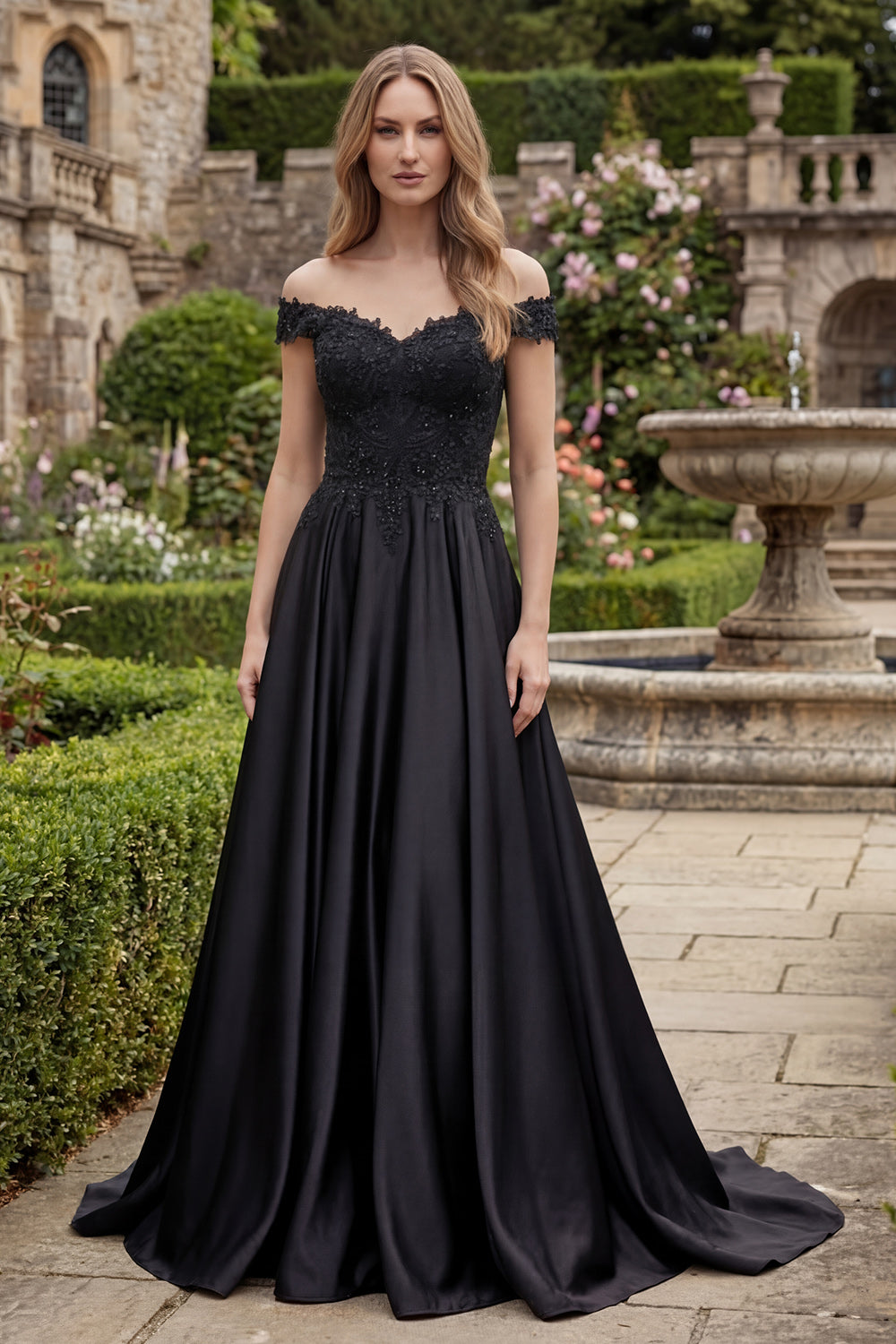 A-Line Satin Black Off the Shoulder Beaded Long Prom Dress