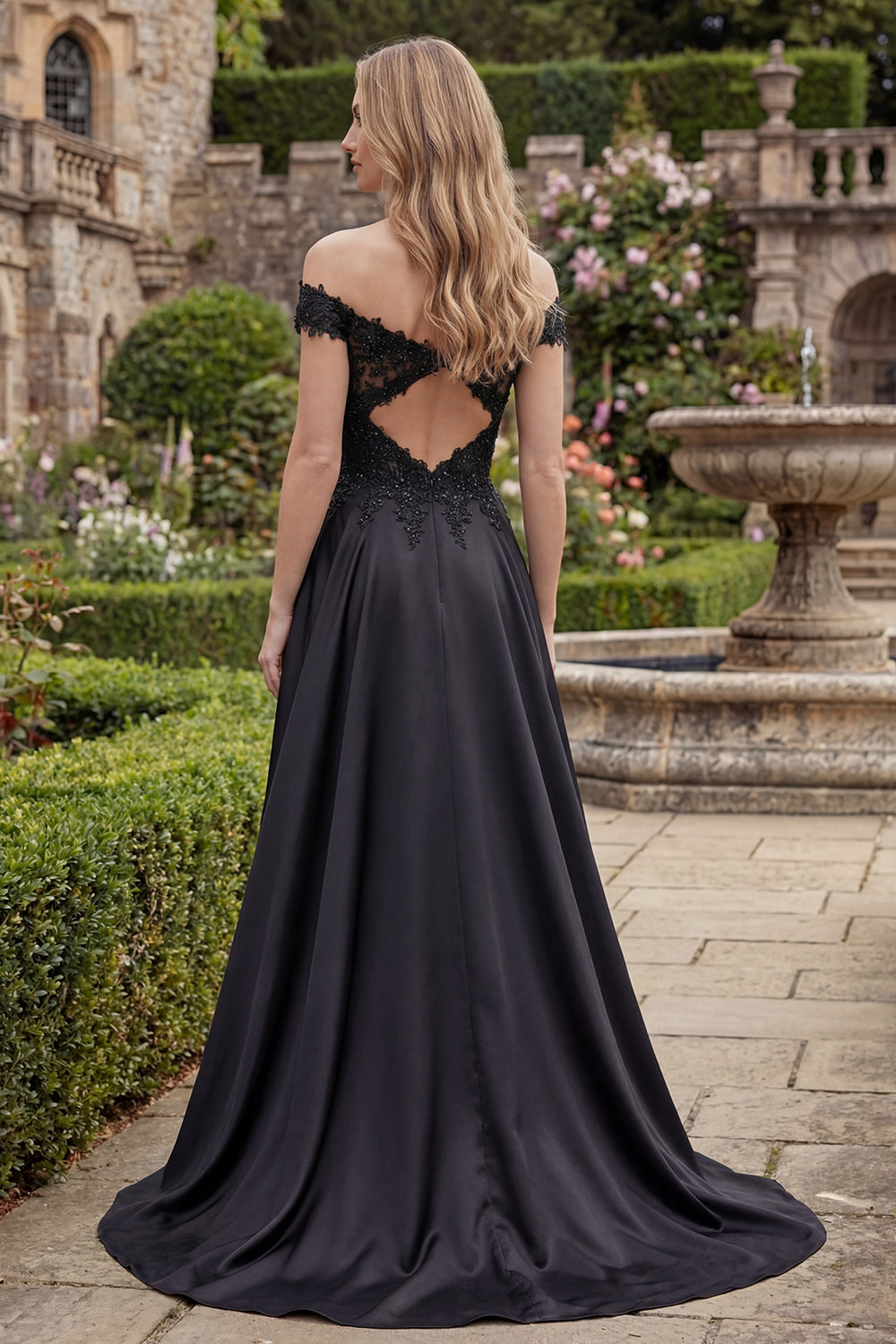 A-Line Satin Black Off the Shoulder Beaded Long Prom Dress