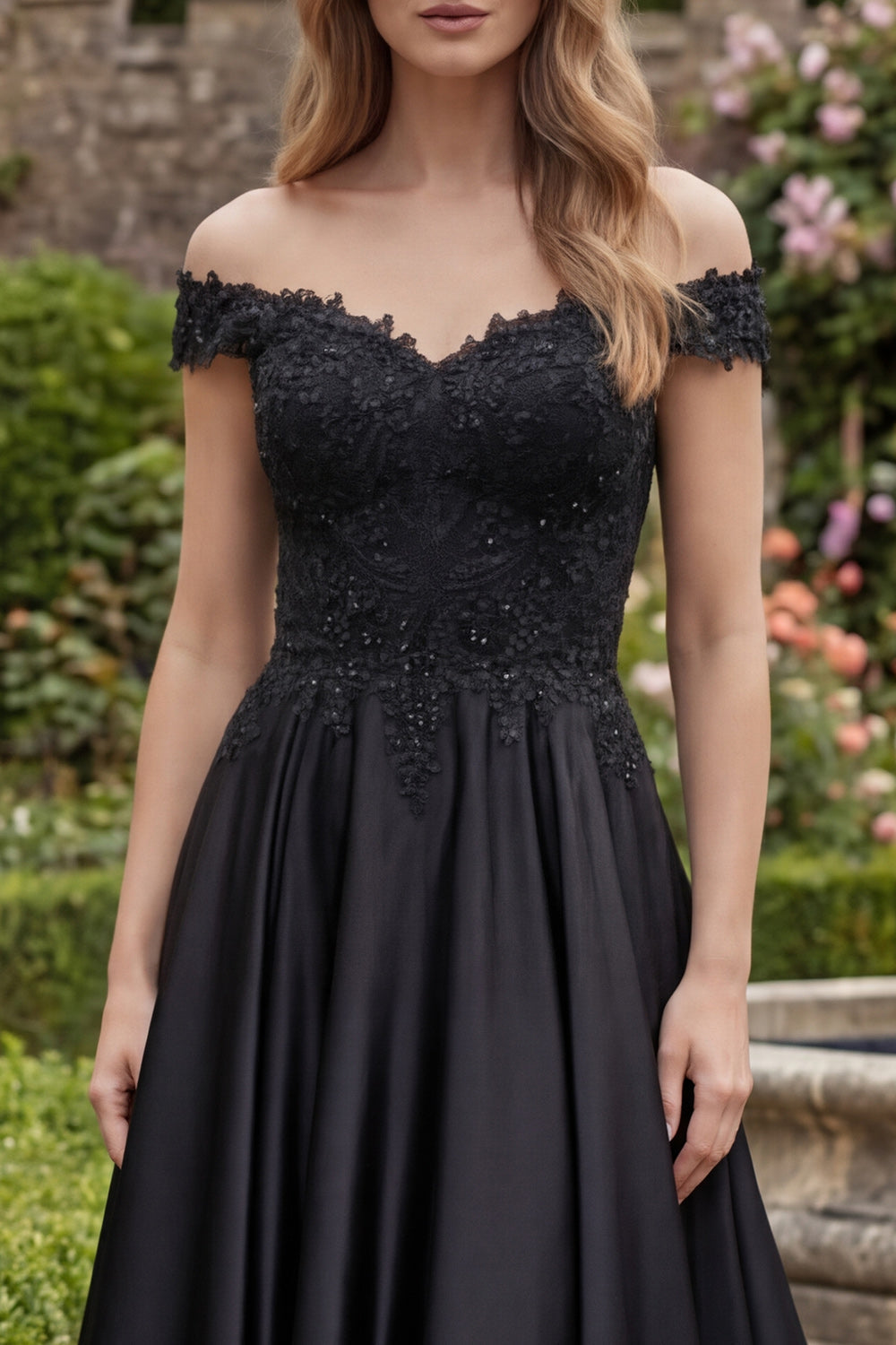A-Line Satin Black Off the Shoulder Beaded Long Prom Dress