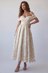 A-Line Champagne Off the Shoulder Printed Midi Formal Dress