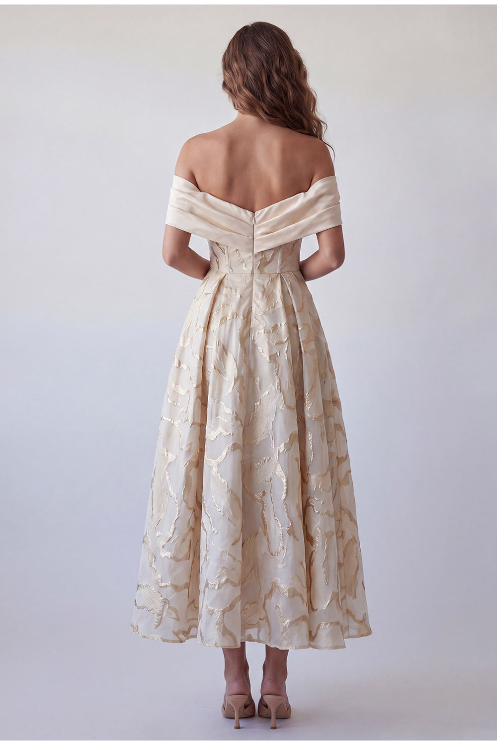 A-Line Champagne Off the Shoulder Printed Midi Formal Dress