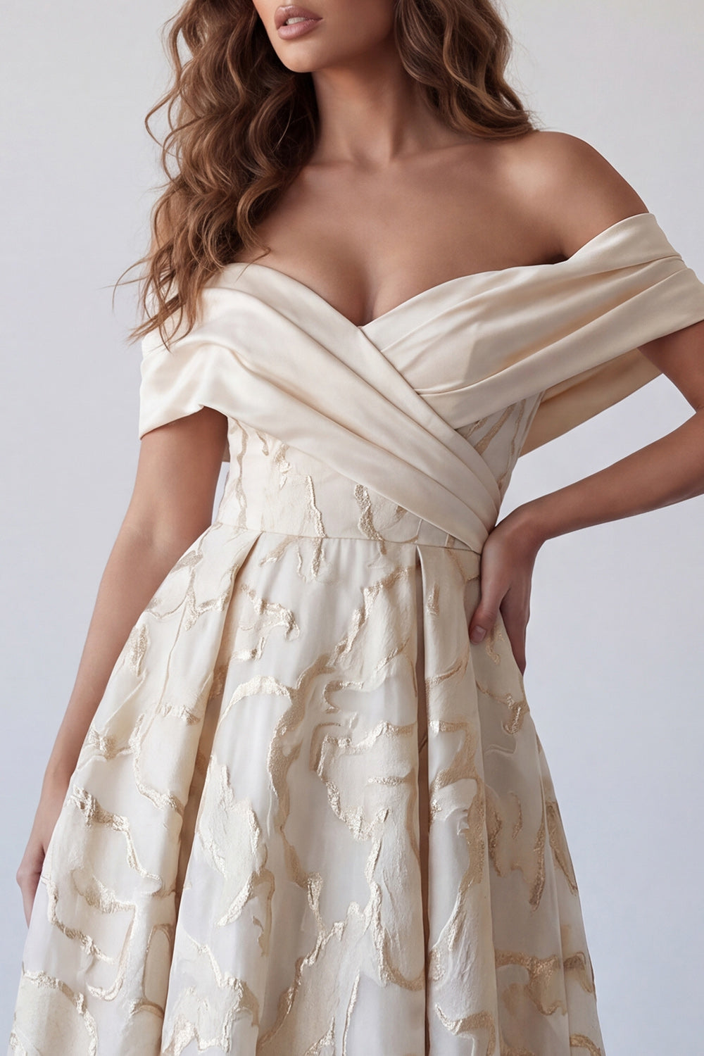 A-Line Champagne Off the Shoulder Printed Midi Formal Dress