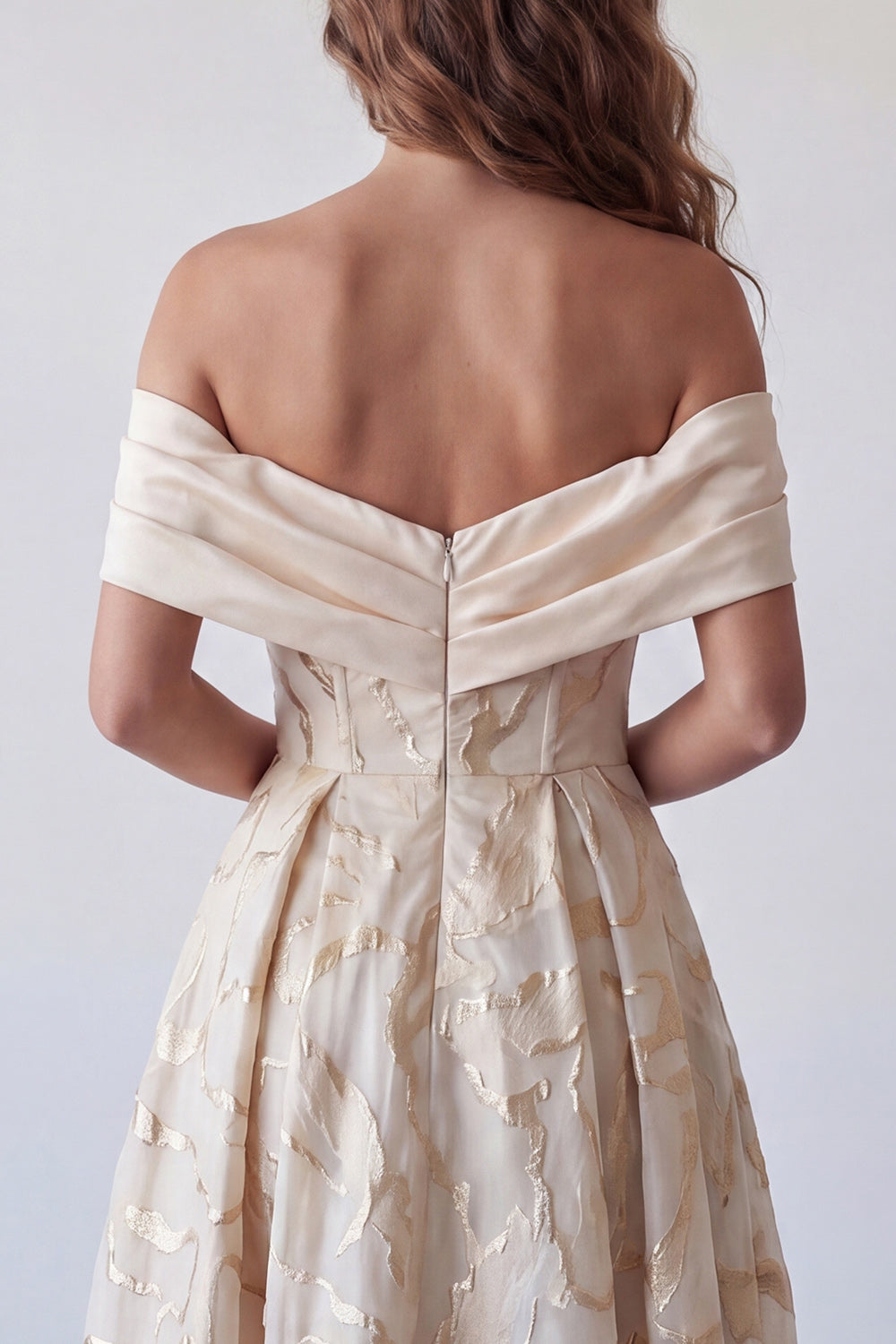 A-Line Champagne Off the Shoulder Printed Midi Formal Dress