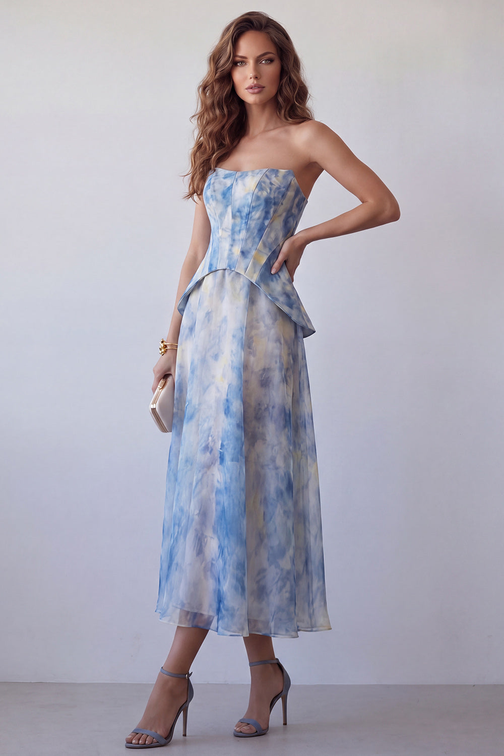 A-Line Dusty Blue Chiffon Strapless Floral Midi Formal Dress