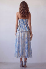 A-Line Dusty Blue Chiffon Strapless Floral Midi Formal Dress