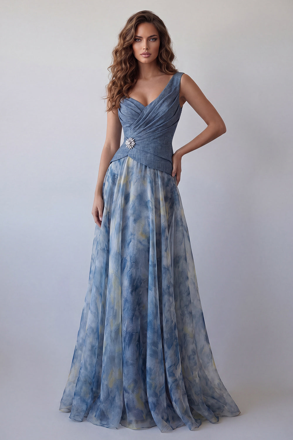A-Line Dusty Blue V-Neck Chiffon Ruched Floral Long Formal Dress