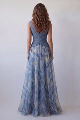 A-Line Dusty Blue V-Neck Chiffon Ruched Floral Long Formal Dress