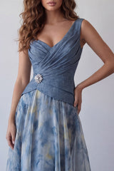 A-Line Dusty Blue V-Neck Chiffon Ruched Floral Long Formal Dress