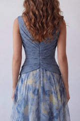 A-Line Dusty Blue V-Neck Chiffon Ruched Floral Long Formal Dress