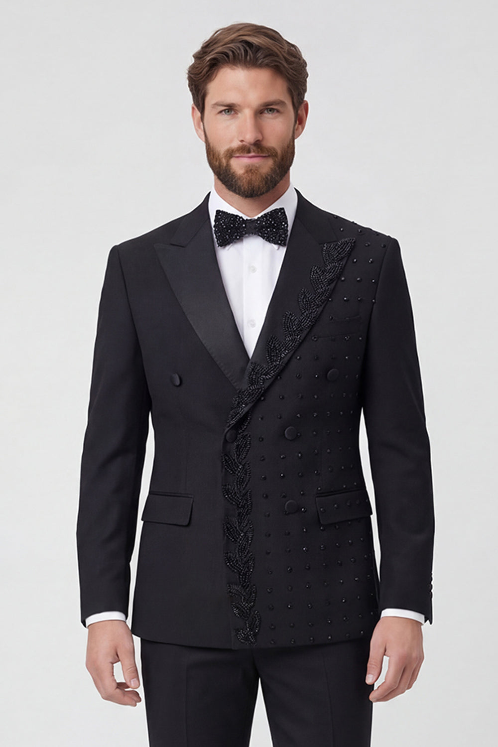 2 Piece Black Peak Lapel Double Breasted Men's Prom Suits with Beading