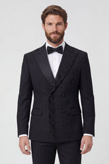 2 Piece Black Peak Lapel Double Breasted Men's Prom Suits with Beading