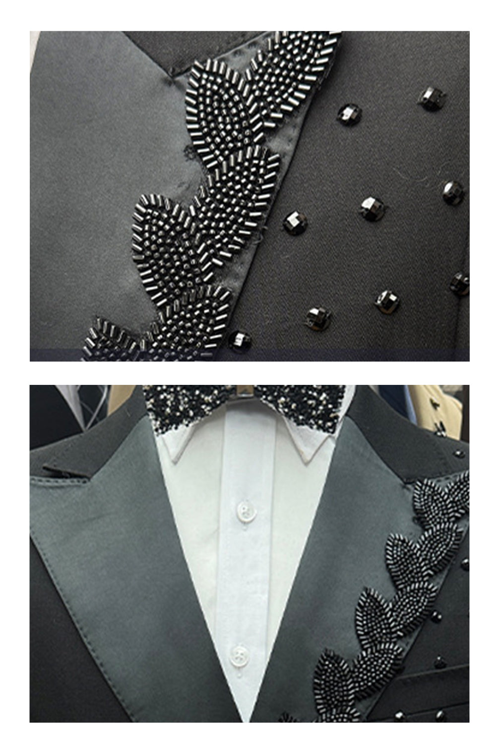 2 Piece Black Peak Lapel Double Breasted Men's Prom Suits with Beading