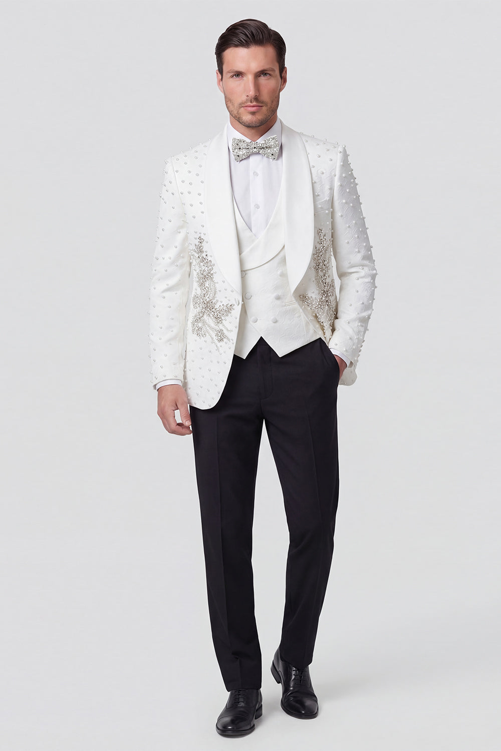 3 Piece Shawl Lapel White One Button Men's Wedding Suits with Beading