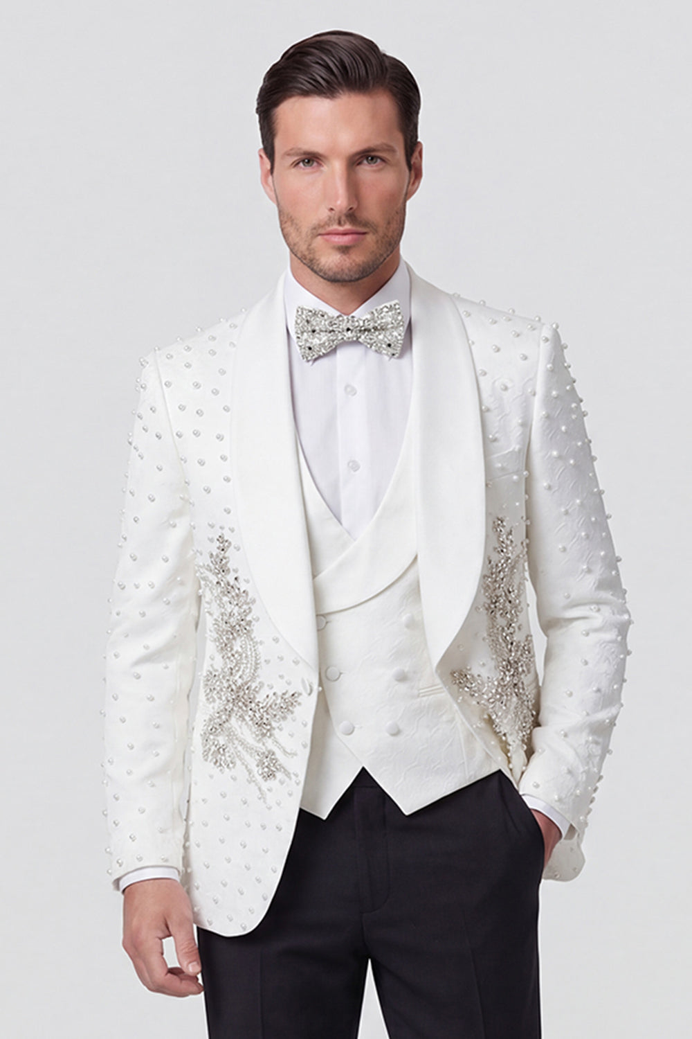 3 Piece Shawl Lapel White One Button Men's Wedding Suits with Beading