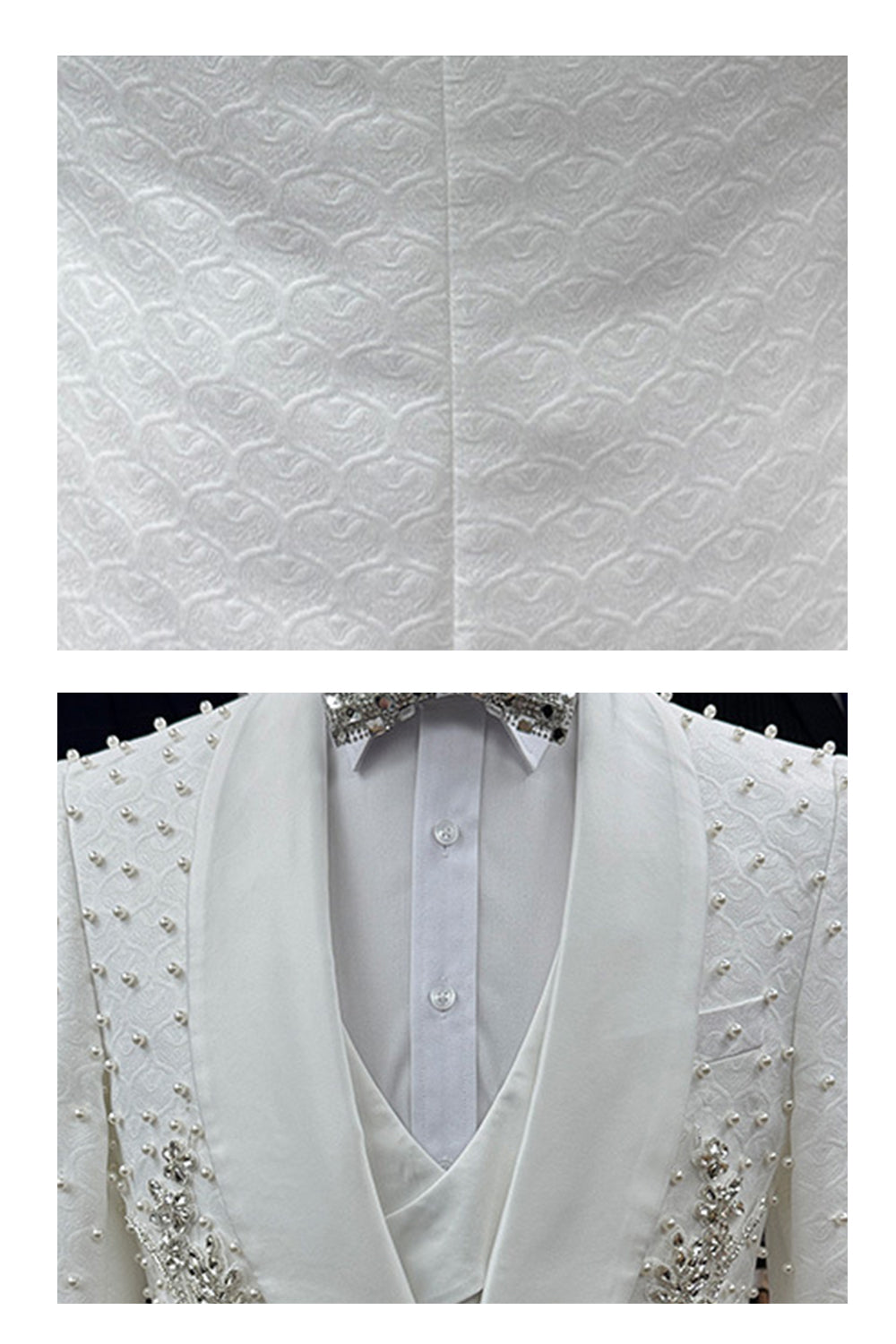 3 Piece Shawl Lapel White One Button Men's Wedding Suits with Beading