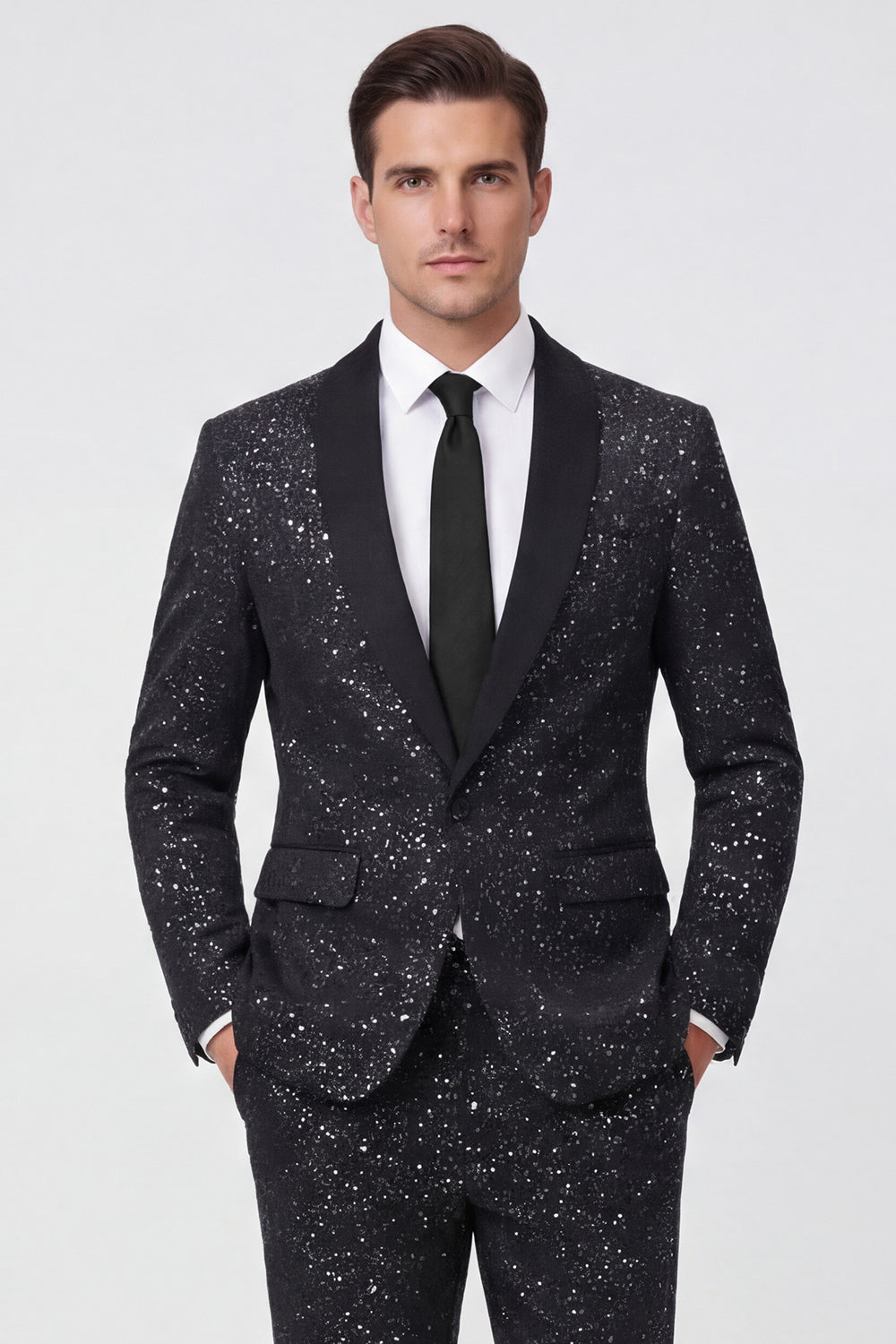 2 Piece Black One Button Shawl Lapel Glitter Men's Suits