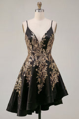 A-Line Black Satin Sequins Asymmetrical Homecoming Dress