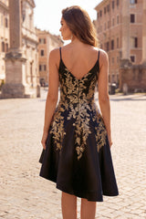 A-Line Black Satin Sequins Asymmetrical Homecoming Dress