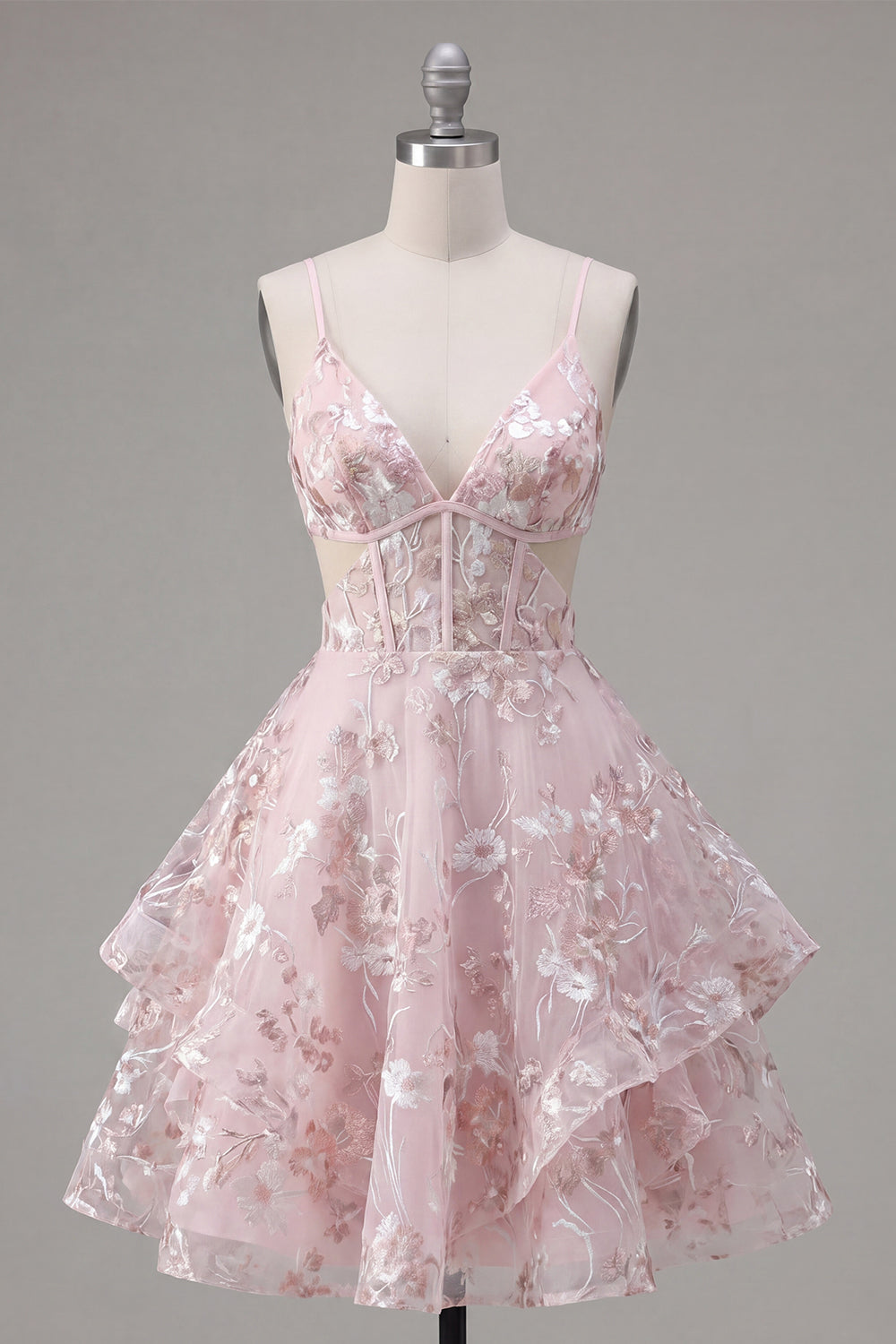 A-Line Pink Spaghetti Straps Corset Floral Homecoming Dress